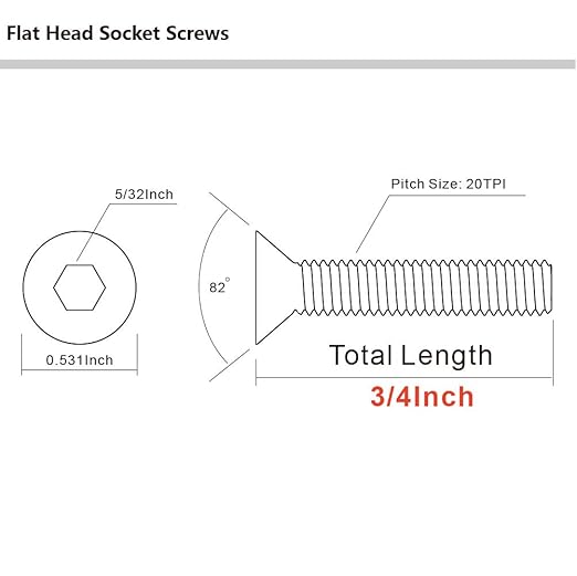 MewuDecor 1/4-20 x 3/4" Flat Head Socket Cap Screws, Allen Socket Drive, Stainless Steel 18-8 (304), Full Thread, Bright Finish, 25 PCS