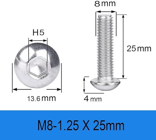 Metuja M8-1.25x25mm 25Pcs, Button Head Socket Cap Bolts Screws, Stainless Steel, Professional Set Screw, Clear and Complete Full Thread, Silver Bright Finish Furniture Bolt, Allen Hex Drive