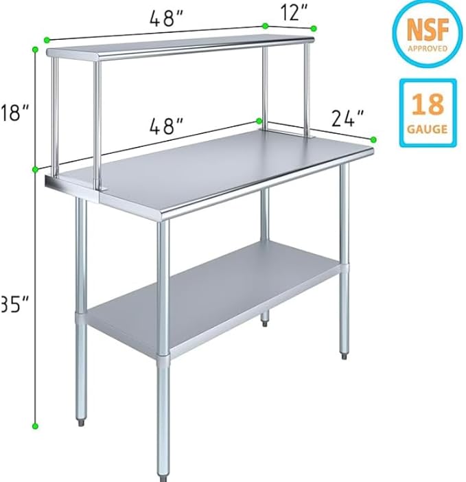 Stainless Steel Work Table with Wide Single Tier Overshelf | Metal Kitchen Prep Table & Shelving Combo (24" x 48" Work Table + 12" Overshelf)