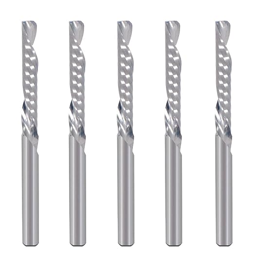 1/8 Inch Down Cut Single Flute (O Flute) Spiral End Mill CNC Router Bits,with 1/8 Inch Cutting Dia竊?/4 Inch Cutting Length for Acrylic PVC MDF Wood Pack of 5