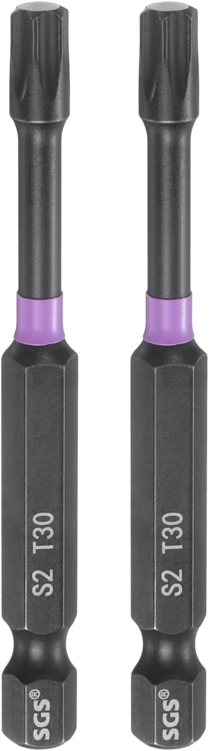 HARFINGTON 2pcs T30 Torx Head Impact Screwdriver Bits 1/4" Hex Shank 2.8" (70mm) Long Magnetic No Hole Tamper Proof 6 Point Star Screw Driver Drill Bits Phosphate S2 Steel Power Tools