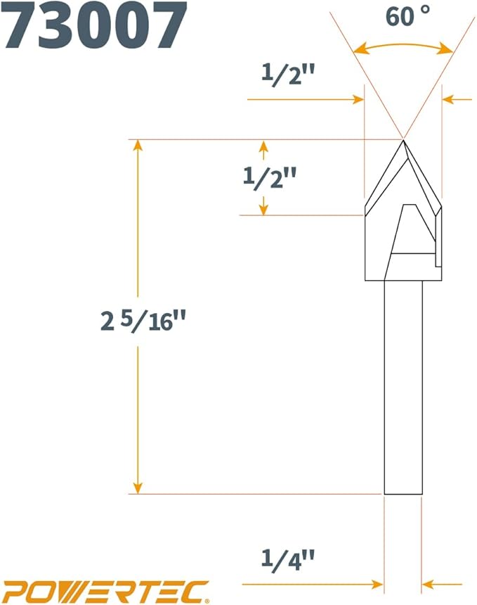 POWERTEC V Groove Router Bits Set, 1/4" Shank, (2) 60-Degree (1/4" & 1/2" Cutting Dia.) & 90-Degree (1/2" Cutting Dia.) Woodworking Router Bits for use on CNC Machine and Router Tool (73031)