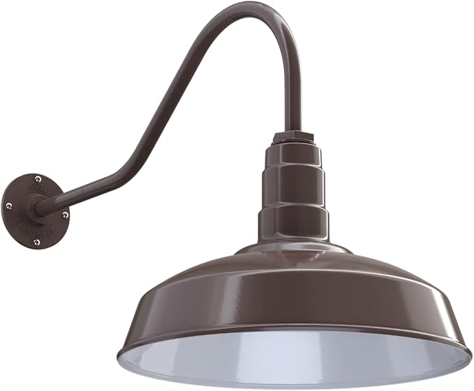 Steel Lighting Co. | Dusk to Dawn | Gardena Barn Light | Outdoor Wall Mounted | 16" Dome | 23" Gooseneck | Farmhouse Light Made in America | Dark Bronze Exterior/White Interior