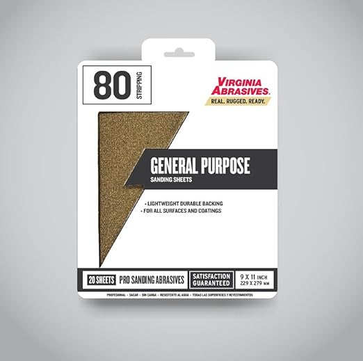 Virginia Abrasives 9??x 11??General Purpose Sandpaper Sanding Sheets, 80 grit, 20 Pack