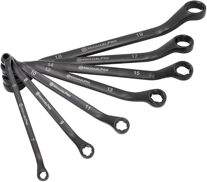 MichaelPro 7-Piece Bolt Extractor Wrench Set, 45째 Offset Wrenches Metric 6-19mm, 6-Point Box End Nut for Rounded, Stripped and Thin Bolts Removal, CR-V Steel, Storage Tray is Included - MP001217