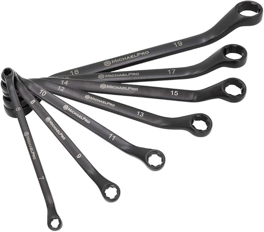 MichaelPro 7-Piece Bolt Extractor Wrench Set, 45째 Offset Wrenches Metric 6-19mm, 6-Point Box End Nut for Rounded, Stripped and Thin Bolts Removal, CR-V Steel, Storage Tray is Included - MP001217