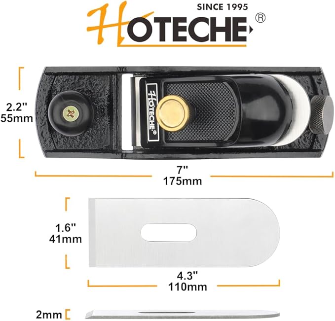 Hoteche 7-Inch Block Plane - Fully Adjustable 1-5/8-Inch Alloy Steel Blade, Fine Finished Bottom, and Sides, Precision Casting for Smooth Surfaces