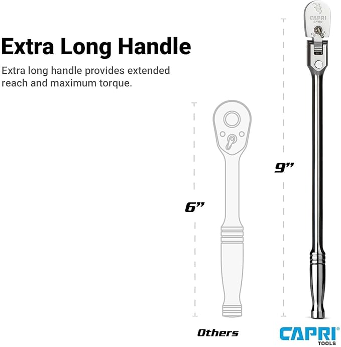 Capri Tools 1/4 in. Drive Fine 90-Tooth Locking Flex-Head Ratchet, Extra Long Chrome Handle
