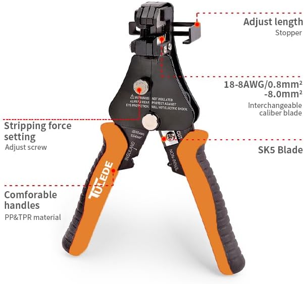 TULEDE Automatic Wire Stripper, 3 in 1 Stripper/Cutter/Crimping Heavy Duty Multi-Function Wire Strippers Tool for 8-18 AWG Electrical Wire, 7 Inch