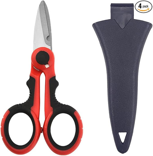 tooloflife Portable Stainless Steel Scissors Anti-Slip Serrated Edge Scissors Saltwater Freshwater Braid Scissors with Plastic Belt Case Sheath Kit for Fishing Outdoor and DIY (Red Scissor)