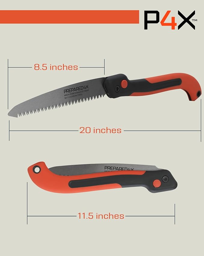 Prepared4X Folding Saw - 8.5" Camping Saw for wood cutting -Heavy Duty, Lightweight SK-5 Steel Blade with Safety Lock, Ergonomic Non-Slip Grip