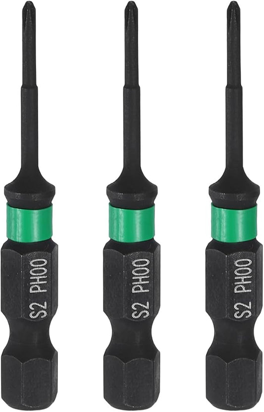 HARFINGTON 3pcs #00 Impact Phillips Screwdriver Bit PH00 1/4" Hex Shank 2" (50mm) Long 0.08" Rod Magnetic Cross Head Drill Bits S2 Steel Industrial Screw Driver for Impact Power Drivers