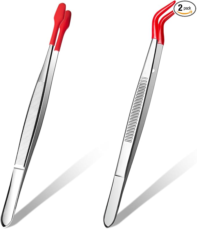 2 Piece Tweezers with Rubber Tips Set, Straight Tip PVC-Coated Precision Tweezers, Rubber Flat Tip Long Bent Tweezers, for Stamps Coins Jewelry Crafts Industrial Electronic Lab