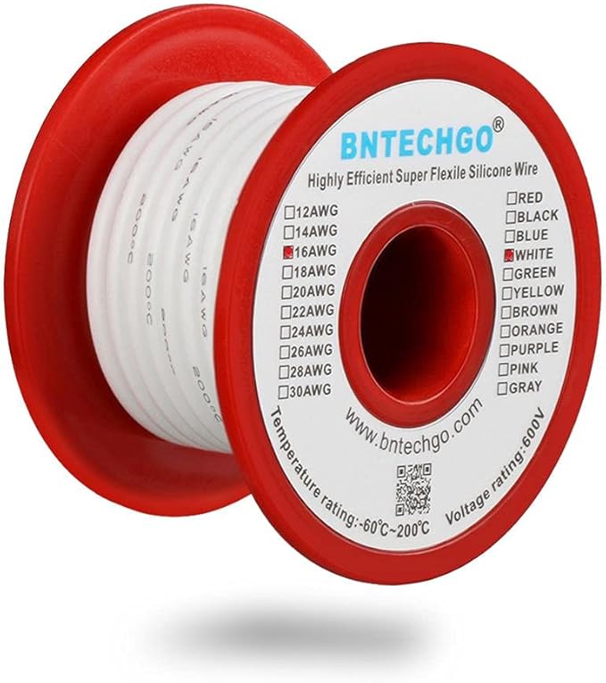 BNTECHGO 16 Gauge Silicone Wire Spool 25 ft White Flexible 16 AWG Stranded Tinned Copper Wire