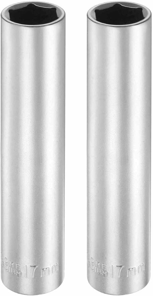 HARFINGTON 2pcs 6 Points Deep Socket 1/2" Drive 17mm Deep Metric CR-V Steel Polished Nickel Plating Flip Sleeve 120mm / 4.7" Extra Long Socket Tool for Home Auto Nuts Bolts Repair