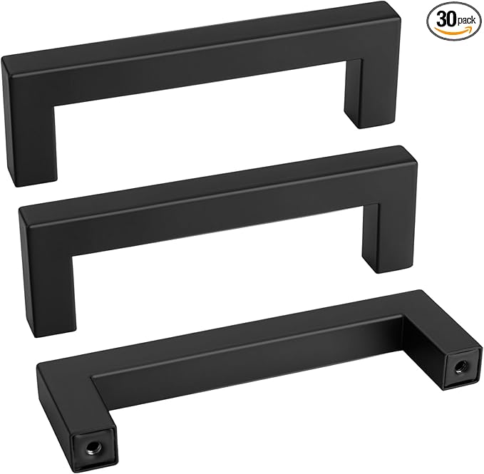 Goldenwarm 30 Pack 3-3/4 Inch Black Cabinet Handles Matte Black Drawer Pulls Stainless Steel Cabinets Hardware Square Bar Modern for Kitchen Bathroom Cupboard