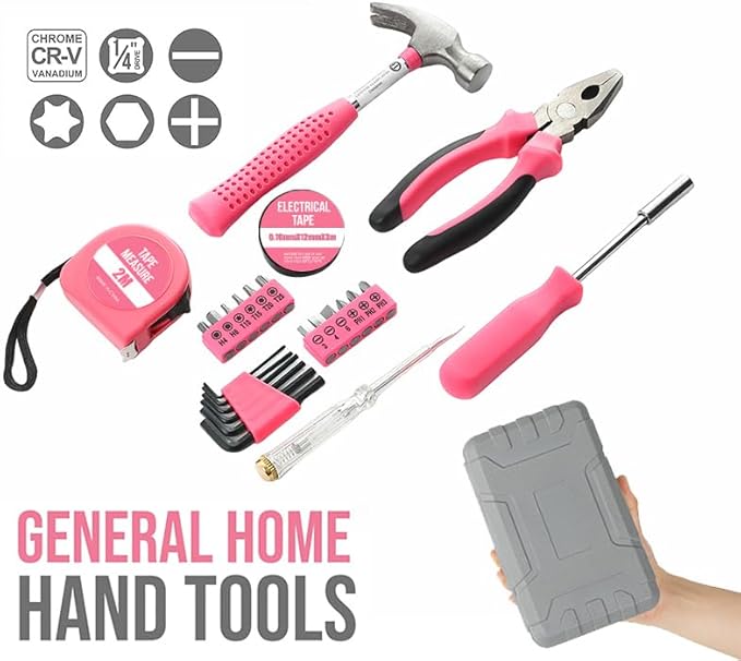 LIRFIX 24Pcs Pink Home Repair Tool Kit for Women - Compact Mini Starter Hardware Set with Hammer, Pliers, Screwdrivers - Portable Household Hand Tools, Ideal Christmas & New Year Gift for Ladies