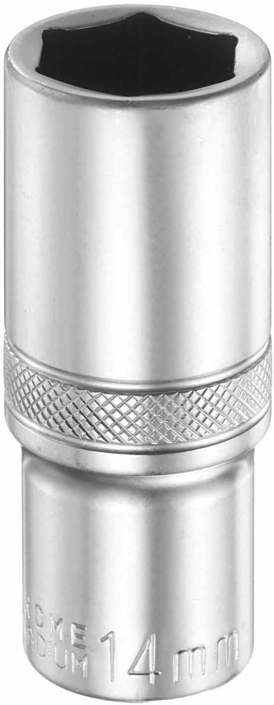 HARFINGTON 6 Points Deep Socket 1/4" Drive 14mm Deep Metric CR-V Steel Polished Nickel Plating Flip Sleeve 50mm / 2" Extra Long Socket Tool for Home Auto Nuts Bolts Repair