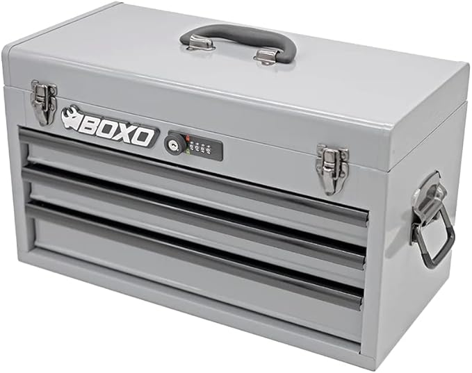 Boxo USA Heavy-Duty 3-Drawer Steel Tool Box - Portable Hand Carry Toolbox Organizer with Ball Bearing Slides & Secure Key & Digital Lock System (Nardo Gray)