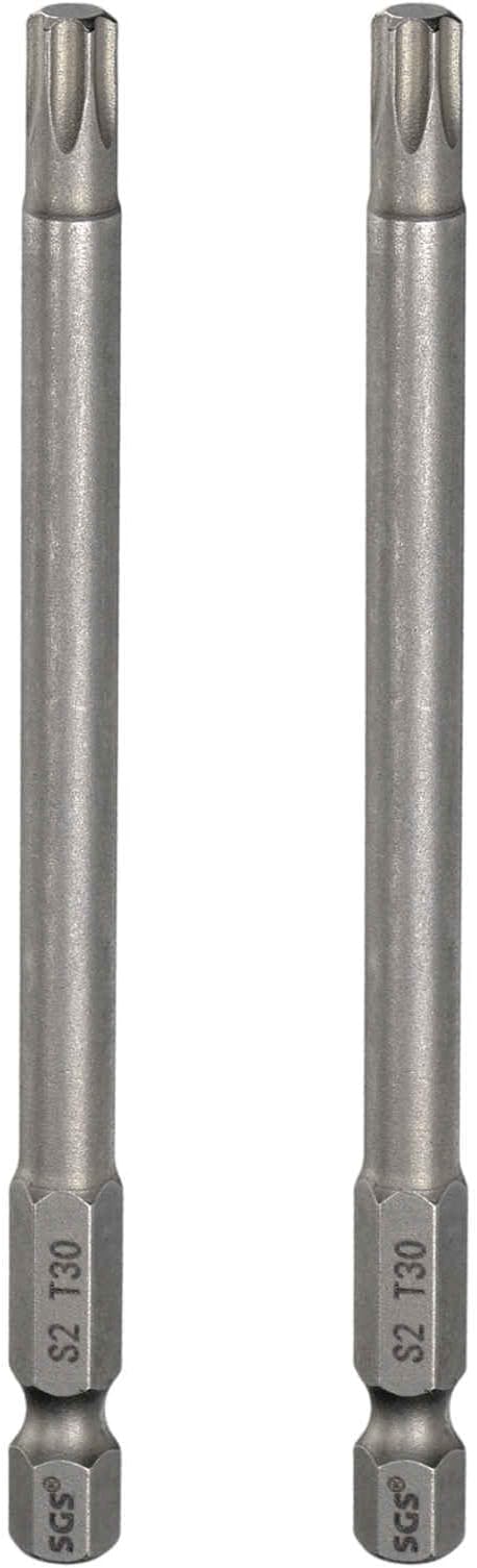 HARFINGTON 2pcs T30 Torx Head Screwdriver Bit 1/4" Hex Shank 4" (100mm) Long Magnetic No Hole Tip Tamper Proof 6 Point Star Screw Driver Drill Bits S2 Steel Industrial Power Screwdrivers