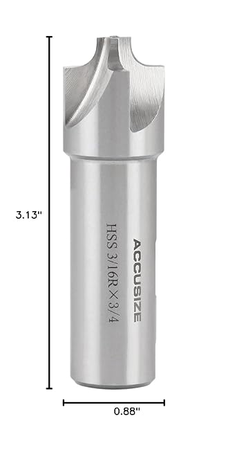 Accusize''dustrial Tools 3/16'', H.S.S. Corner Rounding End Mills, 3/4'', Shank Dia, 7/8'' Cutter Dia, 3-1/8'' Overall Length, 1011-0334