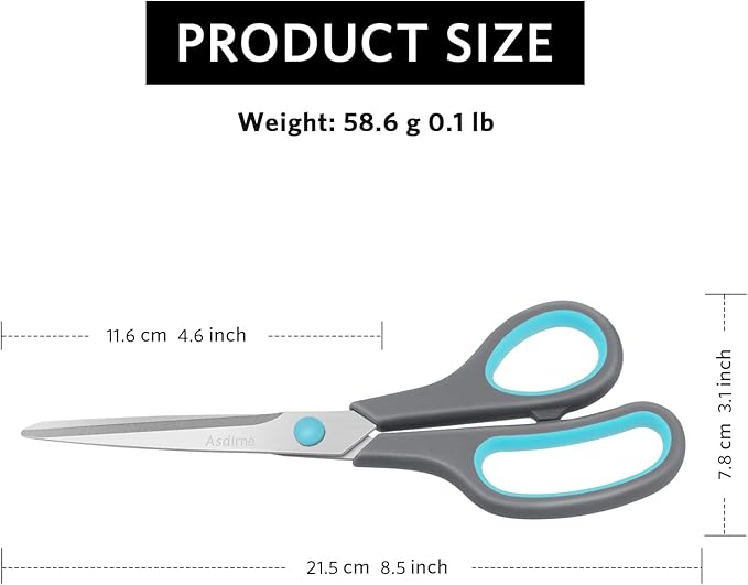 8.5" Scissors, Stainless Steel Blades, Soft Grip Handle, Suitable for Households,Offices and Schools, All Purpose, Blue/Grey