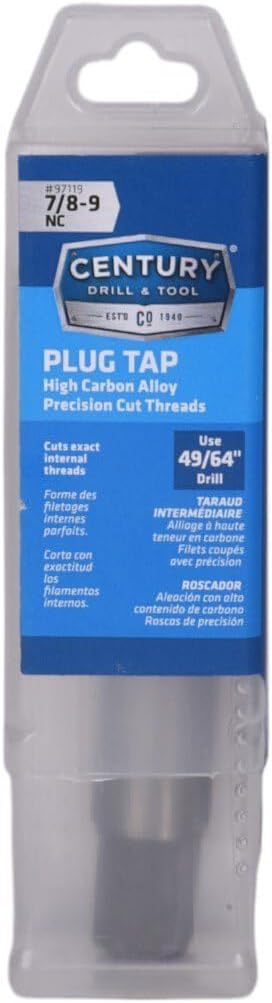 Century Drill & Tool ??97119 Carbon Steel Plug Style Tap ??7/8-9 NC ??for Detailed Projects with Precise Control