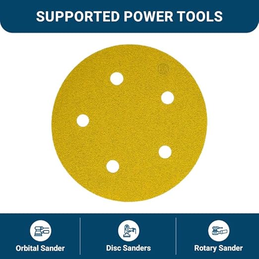 Benchmark Abrasives 5 Inch Sanding Discs Hook and Loop, Aluminum Oxide Stearated Gold 5 Holes Adhesive Sandpaper for Surface Blending, Automotive - Orbital Sander Sandpaper (50 Discs), 220 Grit