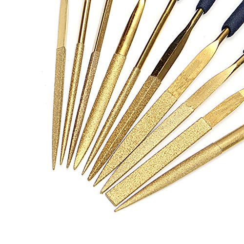 Yakamoz 10 Pcs Titanium Coated Mini Diamond File Set Flat Needle Square Round Triangular Shape Rifler Files for Metal Jewelry Glass Wood Carving Sanding Polishing Tool - 3x140mm