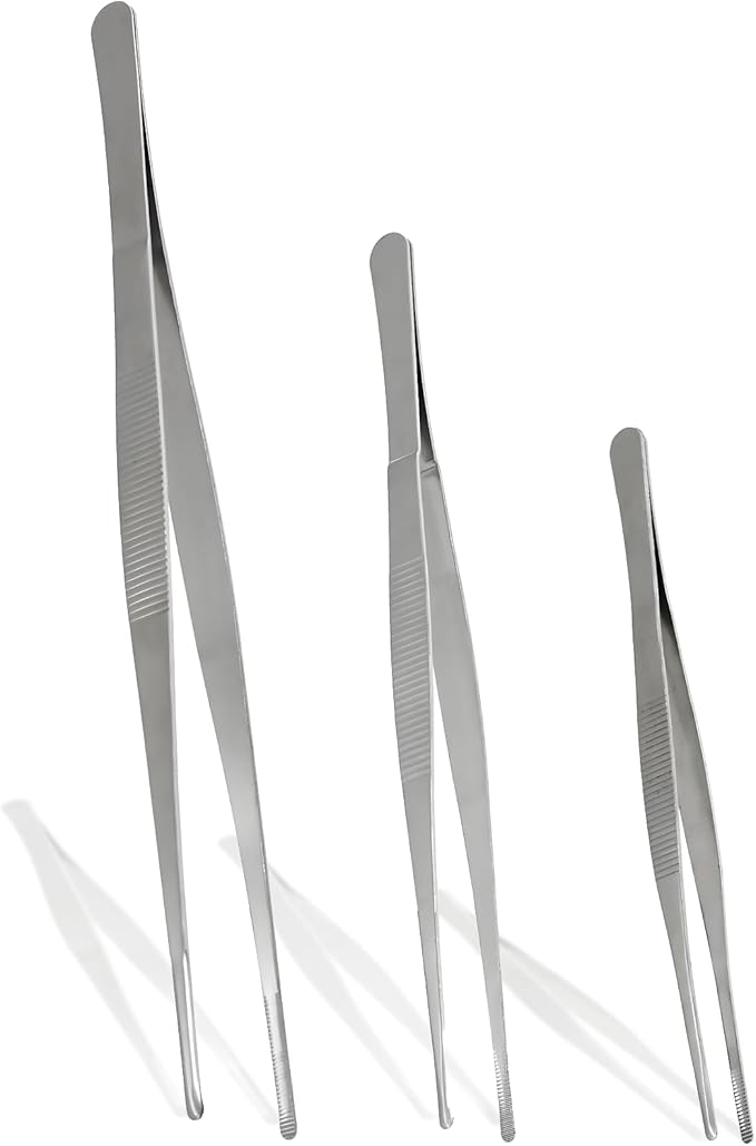 3Pcs Stainless Steel Tweezer Set (8" 10" 12"), Long Tweezers with Precision Serrated Straight Tips, Non-slip Multitool Tweezer for Cooking, Repairing, Medical, Garden
