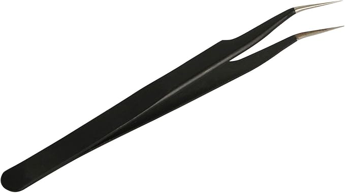 Aoje-Link ESD-17 Professional Anti-Static Precision Technology Tweezers, Non-magnetic Fine Tip Curved, Stainless Steel Plastic Coated, Full Length 125mm, Black, 2pcs
