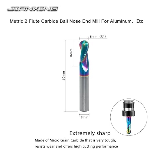 8mm R4 DLC Coated 2-Flute Carbide Ball Nose End Mill, Ideal for Aluminum, Copper Alloys, and Plastic Machining ??High Precision & Wear-Resistant Cutting Tool (1 Pack)