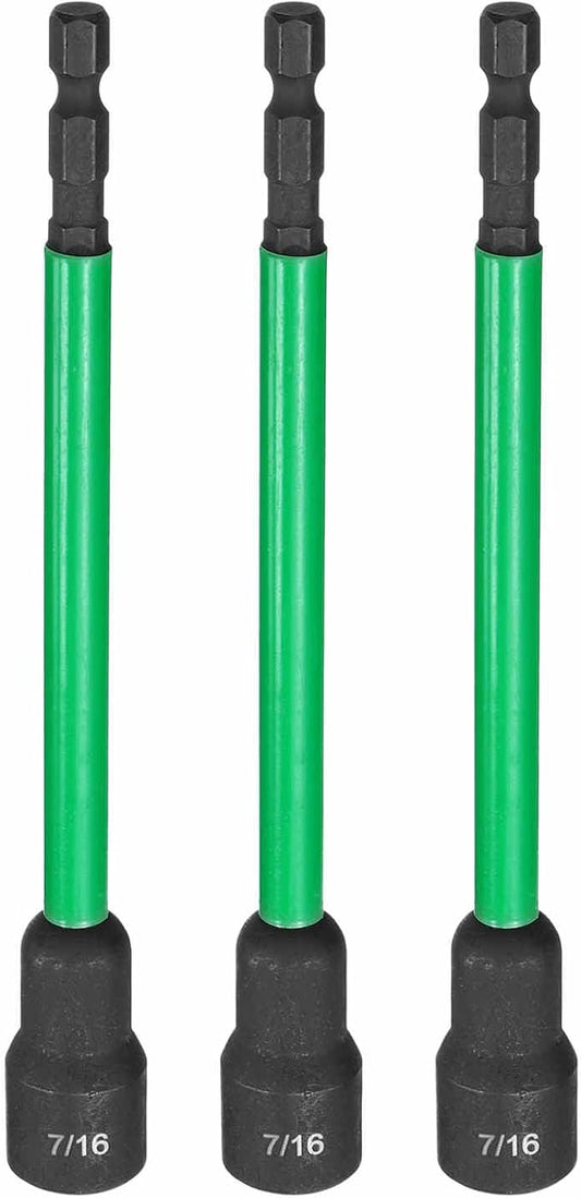 HARFINGTON 3pcs Nut Driver Drill Bit 7/16 Inch SAE Socket 1/4" Hex Shank 6" (150mm) Extra Long Magnetic 6-Point Sockets Quick Change CR-V Steel Bolt Setters for Power Drill Drivers