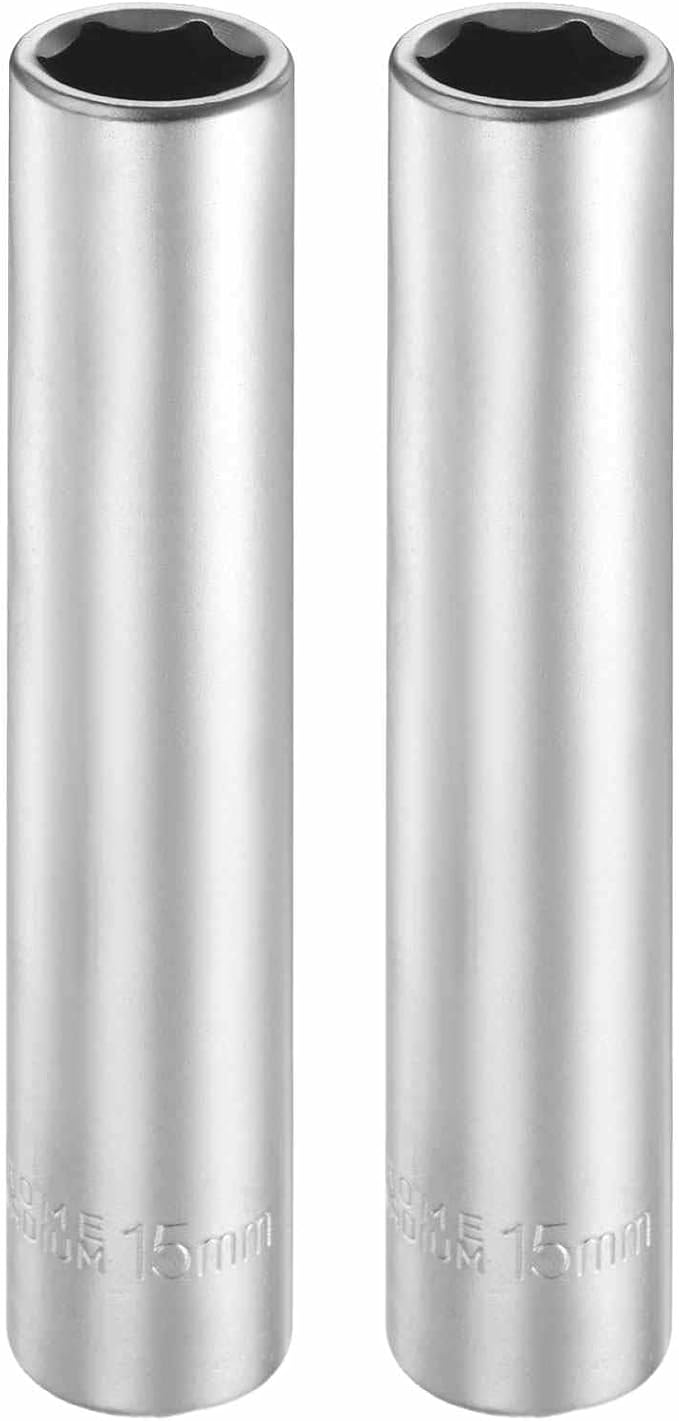 HARFINGTON 2pcs 6 Points Deep Socket 1/2" Drive 15mm Deep Metric CR-V Steel Polished Nickel Plating Flip Sleeve 120mm / 4.7" Extra Long Socket Tool for Home Auto Nuts Bolts Repair