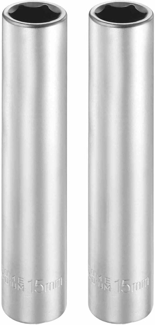 HARFINGTON 2pcs 6 Points Deep Socket 1/2" Drive 15mm Deep Metric CR-V Steel Polished Nickel Plating Flip Sleeve 120mm / 4.7" Extra Long Socket Tool for Home Auto Nuts Bolts Repair