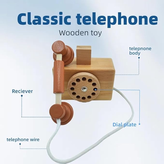 Ring Ring Telephone - Solid Wood Retro Chorded Dial Phone -1 pcs Toy Telephone-Pretend Play Toy Telephone -Role-Playing - Boost Communication Skills and Language Development - Age 3+ (1)