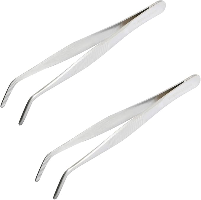 Aoje-Link 304 Stainless Steel Curved Tweezers with Serrated Tip, Multi-Purpose, Silver, 2pcs