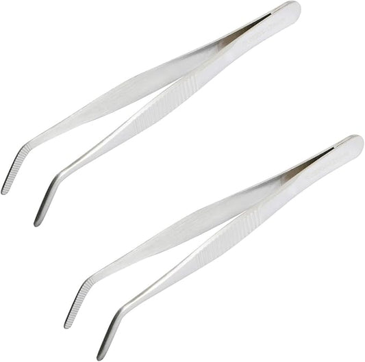 Aoje-Link 304 Stainless Steel Curved Tweezers with Serrated Tip, Multi-Purpose, Silver, 2pcs