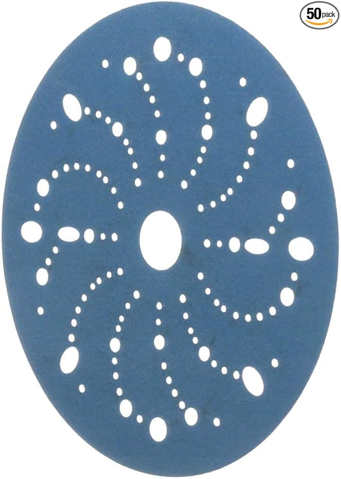 3M AMAPR Hookit 3M Blue Abrasive Discs 36180, Multi-Hole, Featheredging, Primer Sanding, Paint Preparation, 6 in, 320 Grade, 50 Discs/Carton