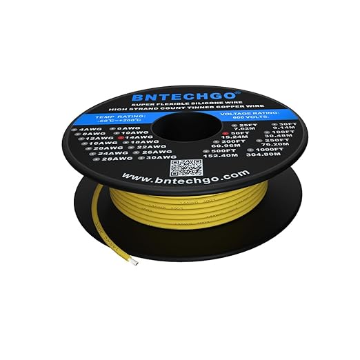 BNTECHGO 14 Gauge Silicone Wire Spool 50 ft Yellow Flexible 14 AWG Stranded Tinned Copper Wire