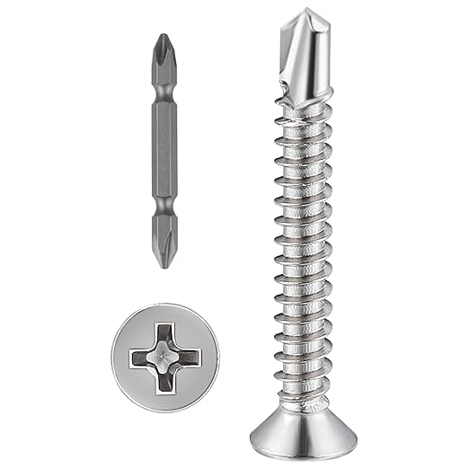 Wensilon竊?50pcs竊?8횞1-1/4?쓋or Sheet Metal Self-Tapping Screws 410 Stainless Steel Flat Head High-Strength Quick self-Drilling Screws