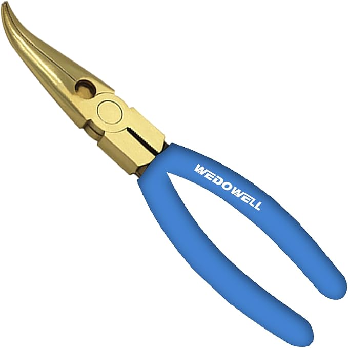 WEDOWELL 8" Bent Needle Nose Pliers,Paper Clamp Precision,Soft Grip with Wire Cutter,Brass Long Nose Cutting Pliers for Home, Fishing, Jewelry, Crafts,Length 200mm