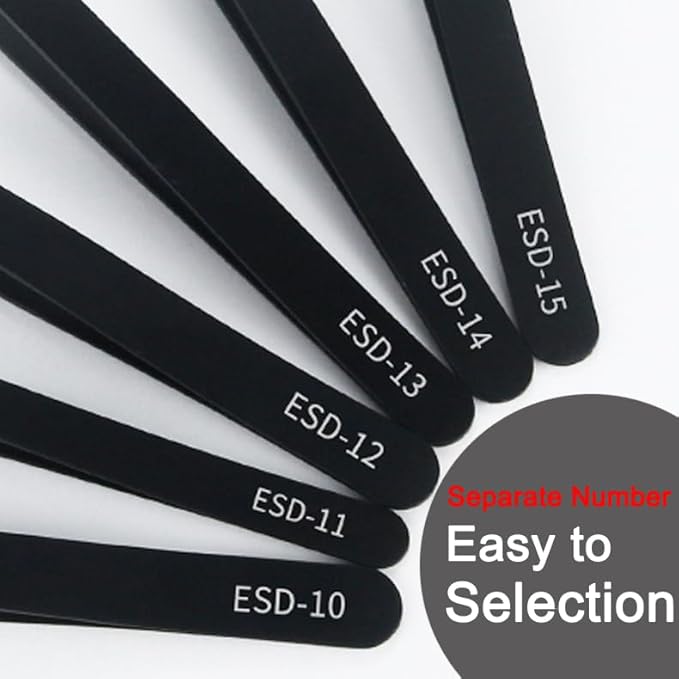 Precision Tweezers Set - 6PCS Anti Static ESD Industrial Tweezers Kit Matte Black, Fits for Electronics Repair, Soldering, Craft, Laboratory Work