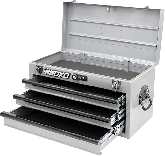 Boxo USA Heavy-Duty 3-Drawer Steel Tool Box - Portable Hand Carry Toolbox Organizer with Ball Bearing Slides & Secure Key & Digital Lock System (Nardo Gray)