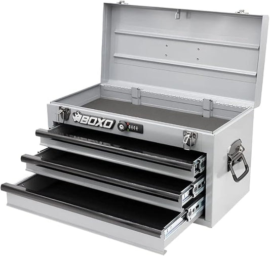 Boxo USA Heavy-Duty 3-Drawer Steel Tool Box - Portable Hand Carry Toolbox Organizer with Ball Bearing Slides & Secure Key & Digital Lock System (Nardo Gray)