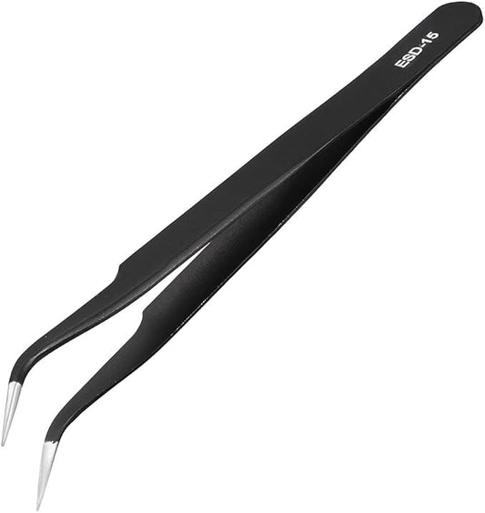 uxcell ESD-15 Tweezers, Anti-Static Stainless Steel Non-magnetic Curved Tip for Craft Jewelry Electronics, 4.8" Overall Length