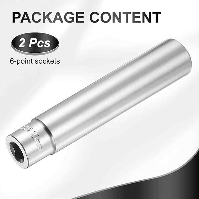 HARFINGTON 2pcs 6 Points Deep Socket 3/8" Drive 15mm Deep Metric CR-V Steel Polished Nickel Plating Flip Sleeve 120mm / 4.7" Extra Long Socket Tool for Home Auto Nuts Bolts Repair