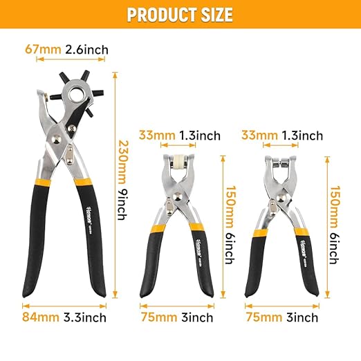 Hoteche 3-in-1 Leather Belt Hole Punch + Eyelet Plier + Snap Button Grommet Setter Tool Kit for Fabric, Shoes,Leather, Clothes, Belt