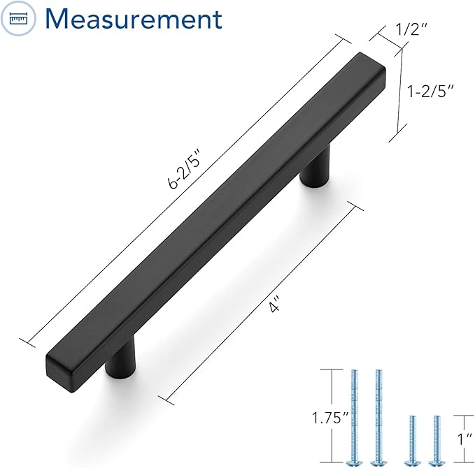 Ravinte Black Cabinet Handles 25 Pack 4 inch Matte Black Square Cabinet Pulls Kitchen Hardware 6-3/8 Inch Overall Length Kitchen Drawer Pulls