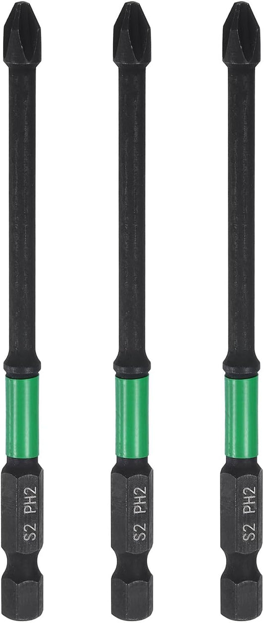 HARFINGTON 3pcs #2 Impact Phillips Screwdriver Bit PH2 1/4" Hex Shank 4" (100mm) Long 0.16" Rod Magnetic Cross Head Drill Bits S2 Steel Industrial Screw Driver for Impact Power Drivers